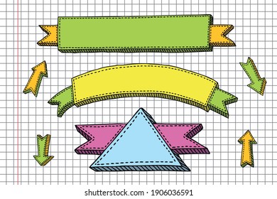 Vector EPS. Hand drawn line art set of banners on a squared paper. All elements are layered separately. Editable for changing colors.