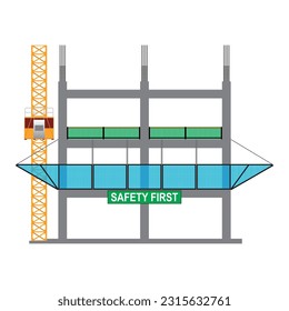 Vector eps of high rise building construction work illustration with passenger hoist, safety net, and guardrail facility.