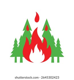 A vector EPS icon depicting a forest fire with green trees and red flames perfect for safety campaigns environmental alerts or outdoor themed designs.