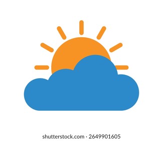 A vector EPS icon depicting a partly sunny sky with a bright orange sun peeking over a blue cloud ideal for weather apps forecasts and climate related designs.
