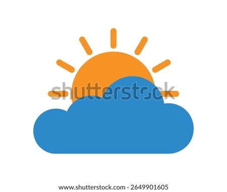 A vector EPS icon depicting a partly sunny sky with a bright orange sun peeking over a blue cloud ideal for weather apps forecasts and climate related designs.
