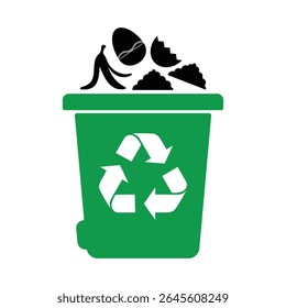 A vector EPS icon featuring a green compost bin with organic waste and a recycling symbol, ideal for eco friendly and waste management themes.
