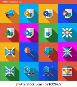 Vector eps icons set - marketing and advertising in flat style with shadow