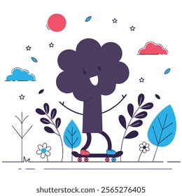 A vector EPS illustration of a cheerful cartoon tree character skateboarding. Perfect for children's books, websites, apparel, and retro-themed projects. The image features vibrant colors and a 