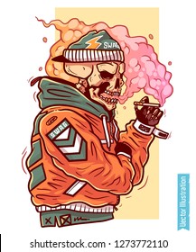 Vector EPS illustration - skeleton smoking a cigarette. Street style, hip hop graffiti. Image for car vinyl, skate, snowboard. Car wrapping design. Print for t shirt and tee graphics without slogan