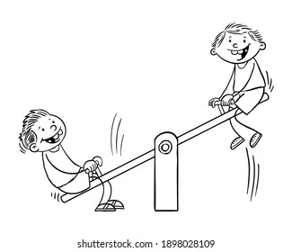 Vector EPS. Kids having fun. Hand drawn black and white  illustration of kids on a teeter totter.