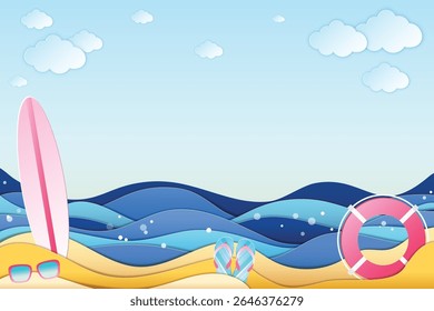 Vector EPS minimalist background illustration in paper craft style featuring sea, beach, surfboard, life ring, flip flops, sunglasses and clouds with free space in the middle, 3D, layered, eazy