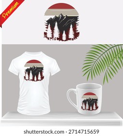 Vector EPS Mountain Landscape Design on White T-Shirt and Coffee Mug Mockup. Minimalist Outdoor Adventure Graphic Print. Modern Nature, Hiking, and Travel Art for Apparel and Merchandise Branding.