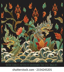 Vector eps Seamless pattern of handdrawn old Thai style  Naga head art.