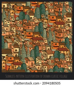Vector eps seamless pattern illustration of hand drawn classic hill village.
