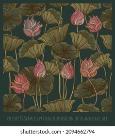 Vector EPS Seamless pattern vintage line drawn illustration lotus and leaves art