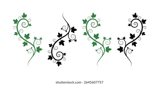 vector EPS set featuring elegant vine swirls with ivy leaves in both green and black. Perfect for decorative borders, invitations, and natural themes.