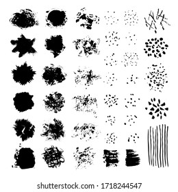 Vector EPS-10. Abstract spots for banners and decoration. Black strokes of paint on a white background. Monochrome illustration for design. Splashes, drops, lines and grunge texture.
