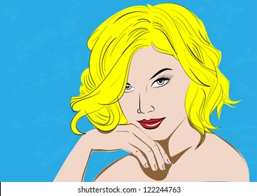 vector EPS10: Beautiful sensual blonde lying on a blue pattern, pop art style