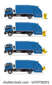 VECTOR EPS10 - blue garbage truck with lifter system and yellow trash bin, waste disposal truck, isolated on white background.