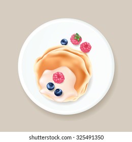 Vector EPS10 breakfast illustration. Top view.  Pancakes with blueberries and raspberries and white syrup on white plate