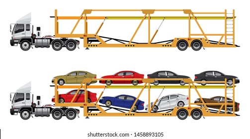 VECTOR EPS10 - Car Carrier, Car Transport Trailer Truck With 8 X Car Load, Automobile Delivery Truck From Factory To Showroom, Isolated On White Background.