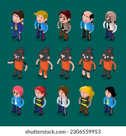 VECTOR EPS10 - personaje de seguridad en uniforme de oficial y ladrón en kit naranja.