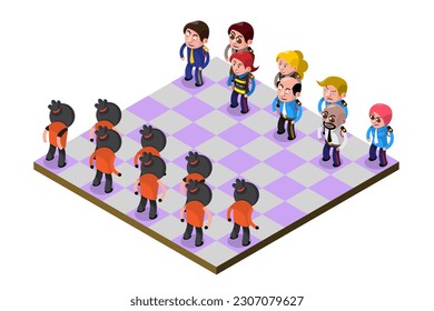 VECTOR EPS10 - personaje de seguridad en uniforme de oficial y ladrón en base de kit naranja en tablero de ajedrez.