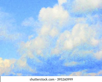 Vector EPS10 cloudy blue sky. Optical illusion of photo real. Vector iridescent mesh gradient. Colorful blue sky, illusion of oil paintings. Multicolor shades of colors, special effect. Low poly art