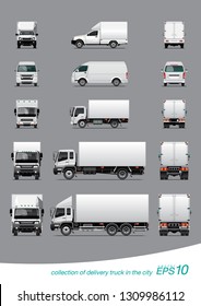 VECTOR EPS10 - collection of delivery cargo truck in the city, isolated on grey background.