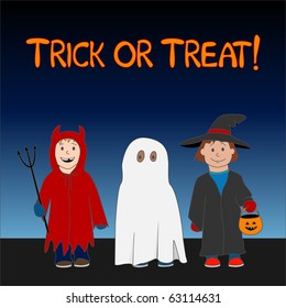 (Vector eps10) A cute Halloween 'Trick or Treat' illustration with three children dressed as a witch, ghost and little devil.