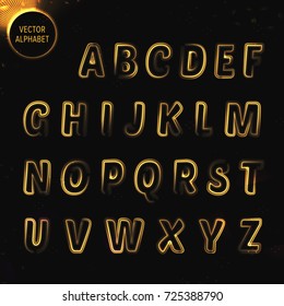 Vector eps10. GLOWING FONT. Drawn alphabet with funny brushes New year Christmas lettering hand drawn alphabet  2018 Glowing golden brushes. Sparkle alphabet, shining font glowing letters  
