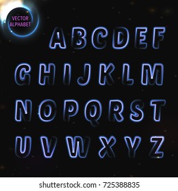 Vector eps10. GLOWING FONT. Drawn alphabet with funny brushes New year Christmas lettering hand drawn alphabet  2018 Glowing golden brushes. Sparkle alphabet, shining font glowing letters  
