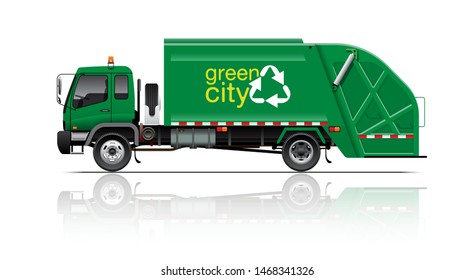 VECTOR EPS10 - green garbage truck, waste disposal truck, isolated on white background.