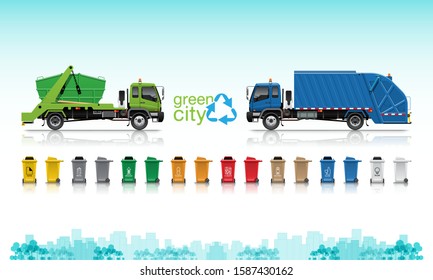 VECTOR EPS10 - green lugger truck and blue garbage truck with logo design 