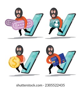 VECTOR EPS10 - hacker steal coins and data from network device when protection program is shutdown or error. cyber security and data protection concept.
