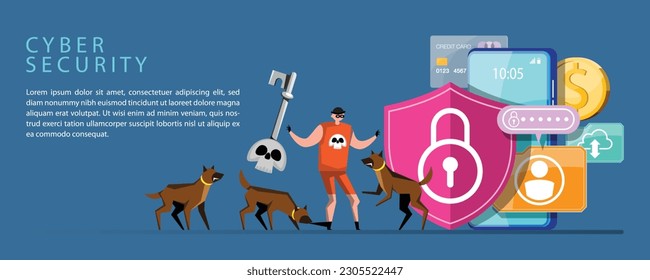VECTOR EPS10 - hacker steal coins and data from network device when protection program is shutdown or error. cyber security and data protection concept.