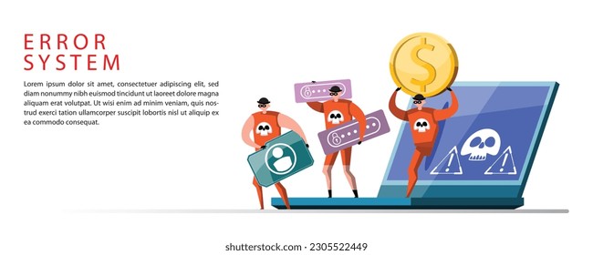 VECTOR EPS10 - hacker steal coins and data from network device when protection program is shutdown or error. cyber security and data protection concept.