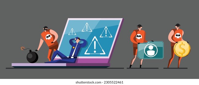 VECTOR EPS10 - hacker steal coins and data from network device when protection program is shutdown or error. cyber security and data protection concept.