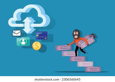 VECTOR EPS10 - hacker steal coins and data from network device when protection program is shutdown or error. cyber security and data protection concept.