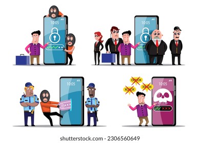 VECTOR EPS10 - hacker steal coins and data from network device when protection program is shutdown or error. cyber security and data protection concept.