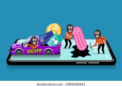 VECTOR EPS10 - hacker steal coins and data from network device when protection program is shutdown or error. cyber security and data protection concept.