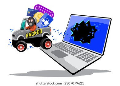 VECTOR EPS10 - un hacker roba monedas y datos del dispositivo de red cuando el programa de protección se apaga o se produce un error. concepto de ciberseguridad y protección de datos.