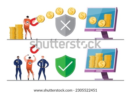 VECTOR EPS10 - hacker steal coins and data from network device when protection program is shutdown or error. cyber security and data protection concept.