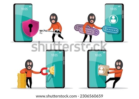 VECTOR EPS10 - hacker steal coins and data from network device when protection program is shutdown or error. cyber security and data protection concept.