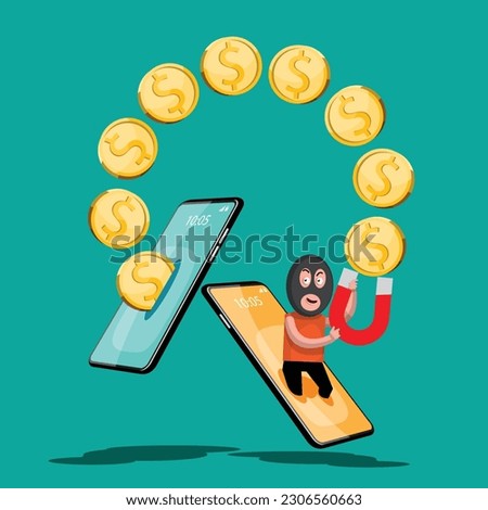 VECTOR EPS10 - hacker steal coins and data from network device when protection program is shutdown or error. cyber security and data protection concept.