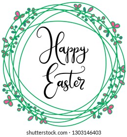 Vector EPS10 hand written lettering illustration for happy easter banner, poster, sale invitation template with colorful spring wreath of flowers in cartoon flat style in green, pink colors.