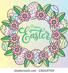 Vector EPS10 hand written lettering illustration for happy easter banner, poster, sale invitation template with colorful wreath of spring flowers and eggs in cartoon flat style in pastel colors