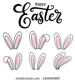 Vector EPS10 hand written lettering illustration for happy easter banner, poster, sale invitation template with bunny rabbits ears in cartoon flat style on white background.