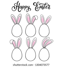 Vector EPS10 hand written lettering illustration for happy easter banner, poster, sale invitation template with  eggs and bunny rabbits ears in cartoon flat style isolated on white background.