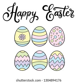 Vector EPS10 hand written lettering illustration for happy easter banner, poster, sale invitation template with colorful eggs in cartoon flat style. Pink, blue, yellow, purple, green pastel colors.
