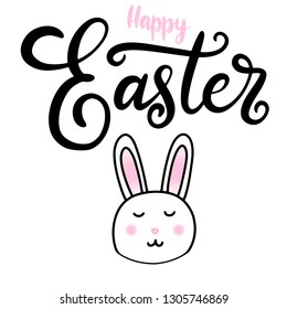 Vector EPS10 hand written lettering illustration for happy easter banner, poster, sale invitation template with cute bunny rabbit in cartoon flat style with pink ears
