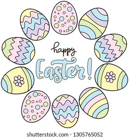 Vector EPS10 hand written lettering illustration for happy easter banner, poster, sale invitation template with colorful wreath of eggs in pastel colors in cartoon flat style
