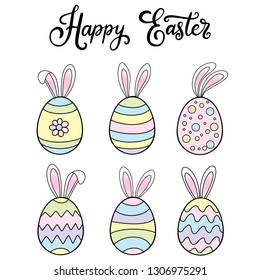 Vector EPS10 hand written lettering illustration for happy easter banner, poster, sale invitation template with set of colorful eggs and bunny rabbits ears in cartoon flat style