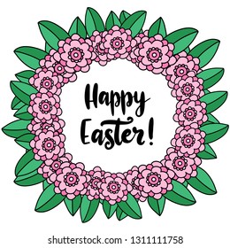 Vector EPS10 hand written lettering illustration for happy easter banner, poster, sale invitation template with wreath of colorful spring flowers and green leaves in flat style.